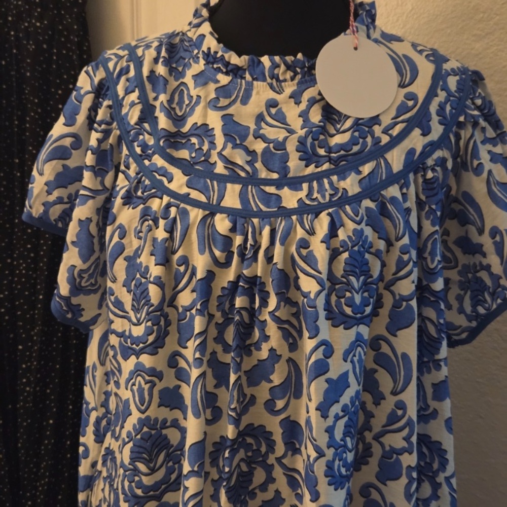 Blue and White Floral Yoke Dress